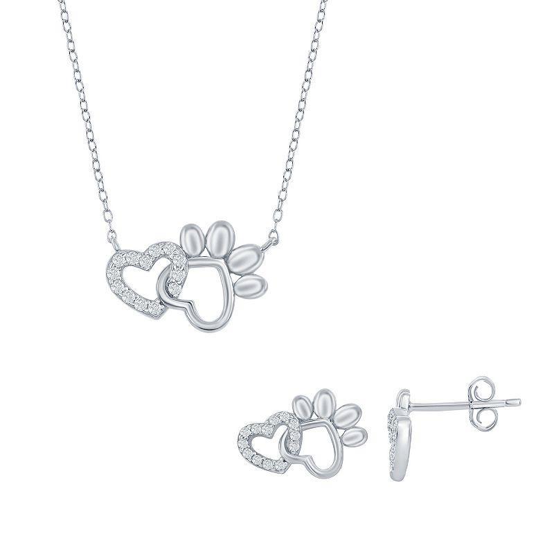 Sterling Silver Cubic Zirconia Heart Paw Print Necklace & Earrings Set, Womens Product Image