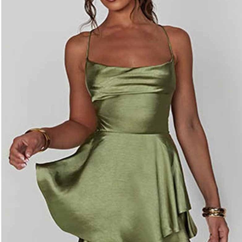 Spaghetti Strap Plain Satin Mini A-Line Dress Product Image