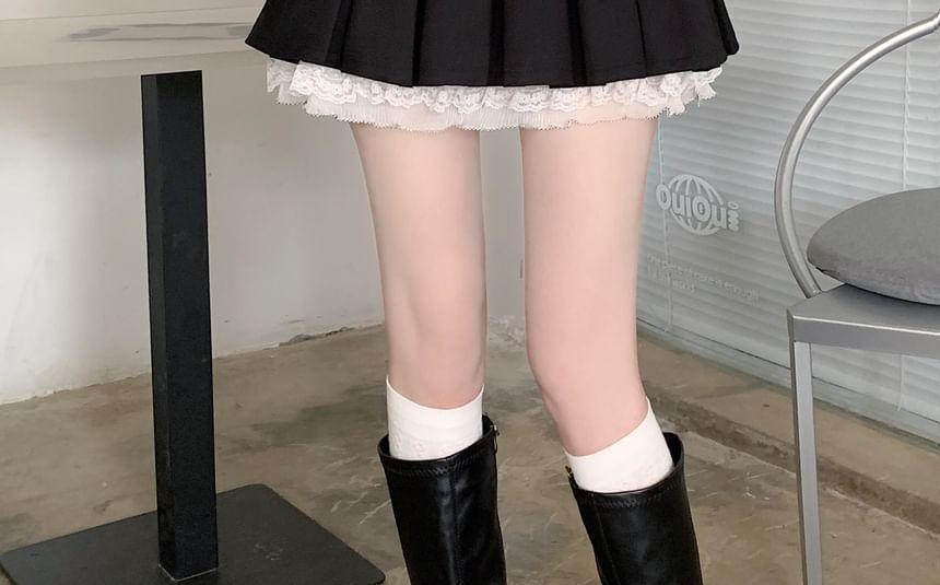 High Waist Plain Lace Trim Bow Pleated Mini A-Line Skirt Product Image