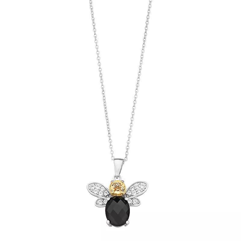 14k Gold Over Silver Citrine, Onyx & White Topaz Bee Pendant Necklace, Womens Two Tone Product Image