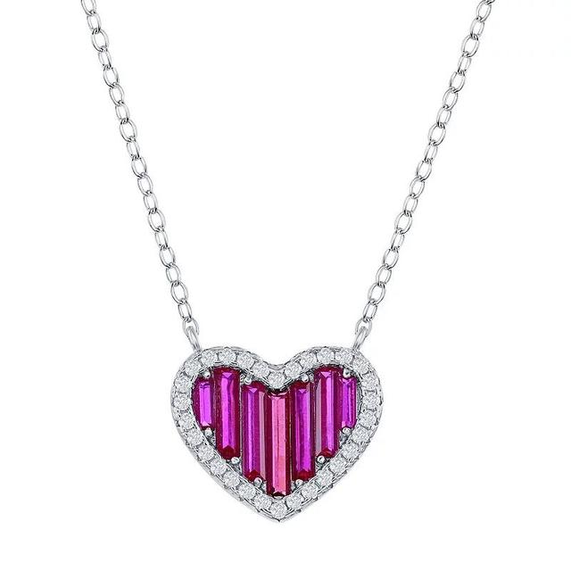 Sterling Silver Red Baguette Cubic Zirconia Heart Necklace, Womens Product Image