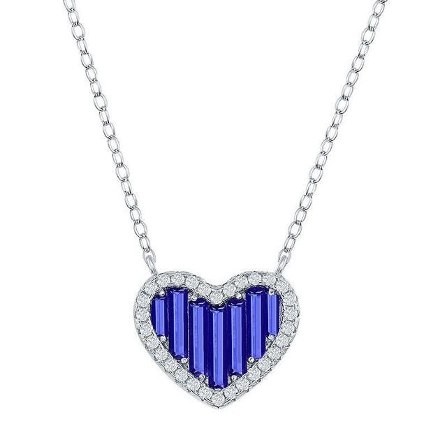 Sterling Silver Blue Baguette Cubic Zirconia Heart Necklace, Womens Product Image