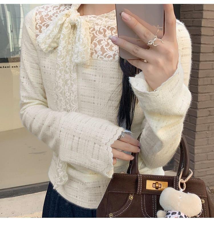 Long-Sleeve Stand Collar Lace Panel Bow Ruched Slim Fit Top Product Image