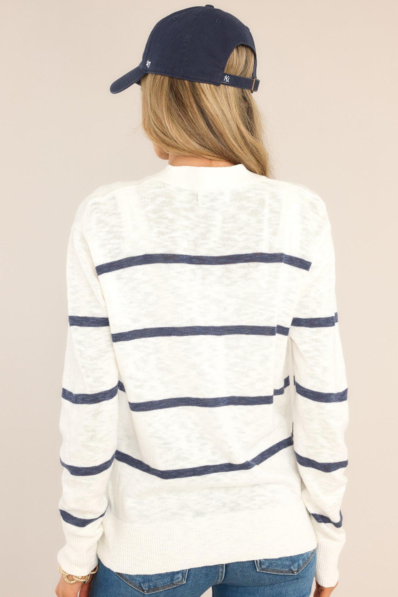 Second Chance White & Navy Striped Cardigan Product Image