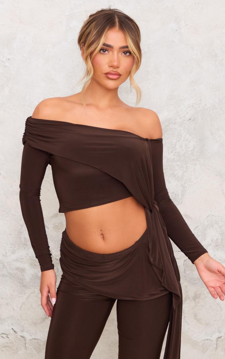 Chocolate Slinky Ruched Off The Shoulder Long Sleeve Top Product Image