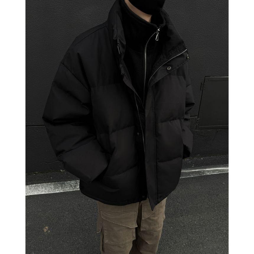 Stand Collar Mock Two-Piece Plain Zip-Up Puffer Jacket Product Image