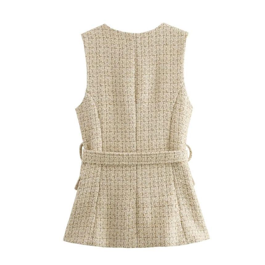 Round Neck Tweed Belted Button Vest Product Image