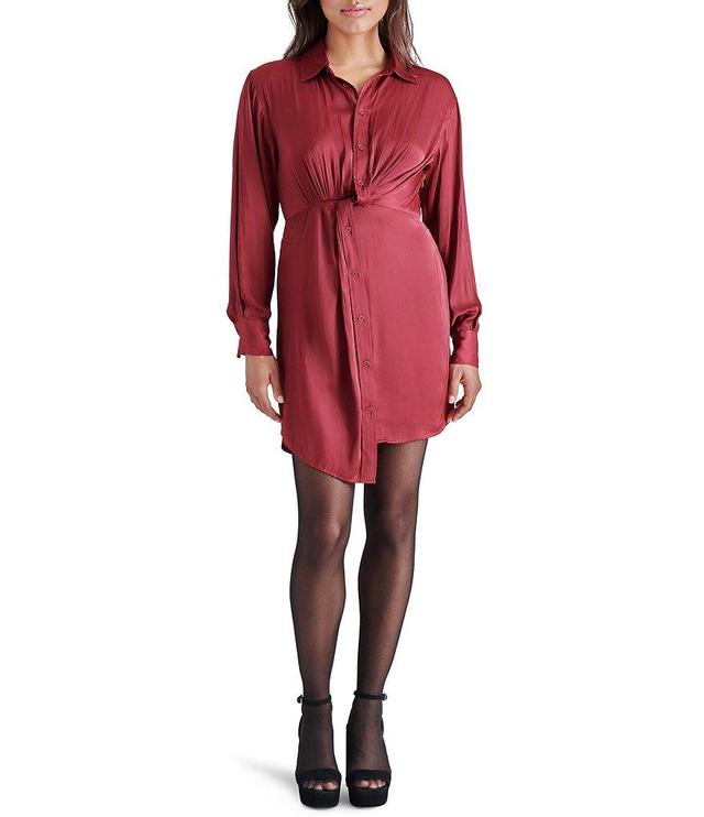 Steve Madden Barcelona Washed Satin Point Collar Long Sleeve Shirt Dress Product Image