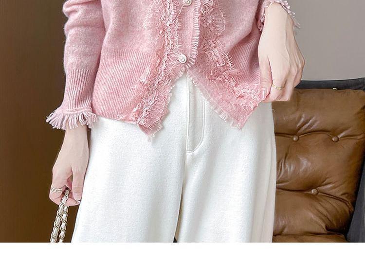 V-Neck Plain Lace Trim Fringed Button-Up Cardigan Product Image