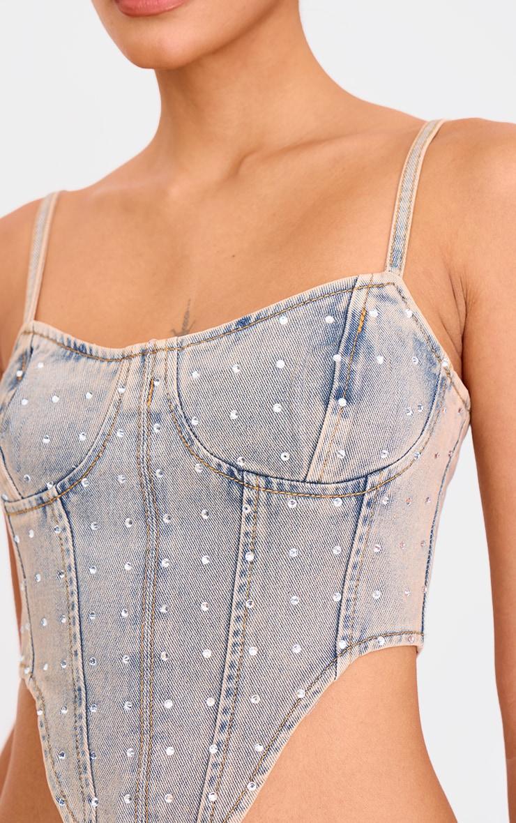 Pink Tint Vintage Wash Diamante Detail Curved Hem Denim Corset Top Product Image