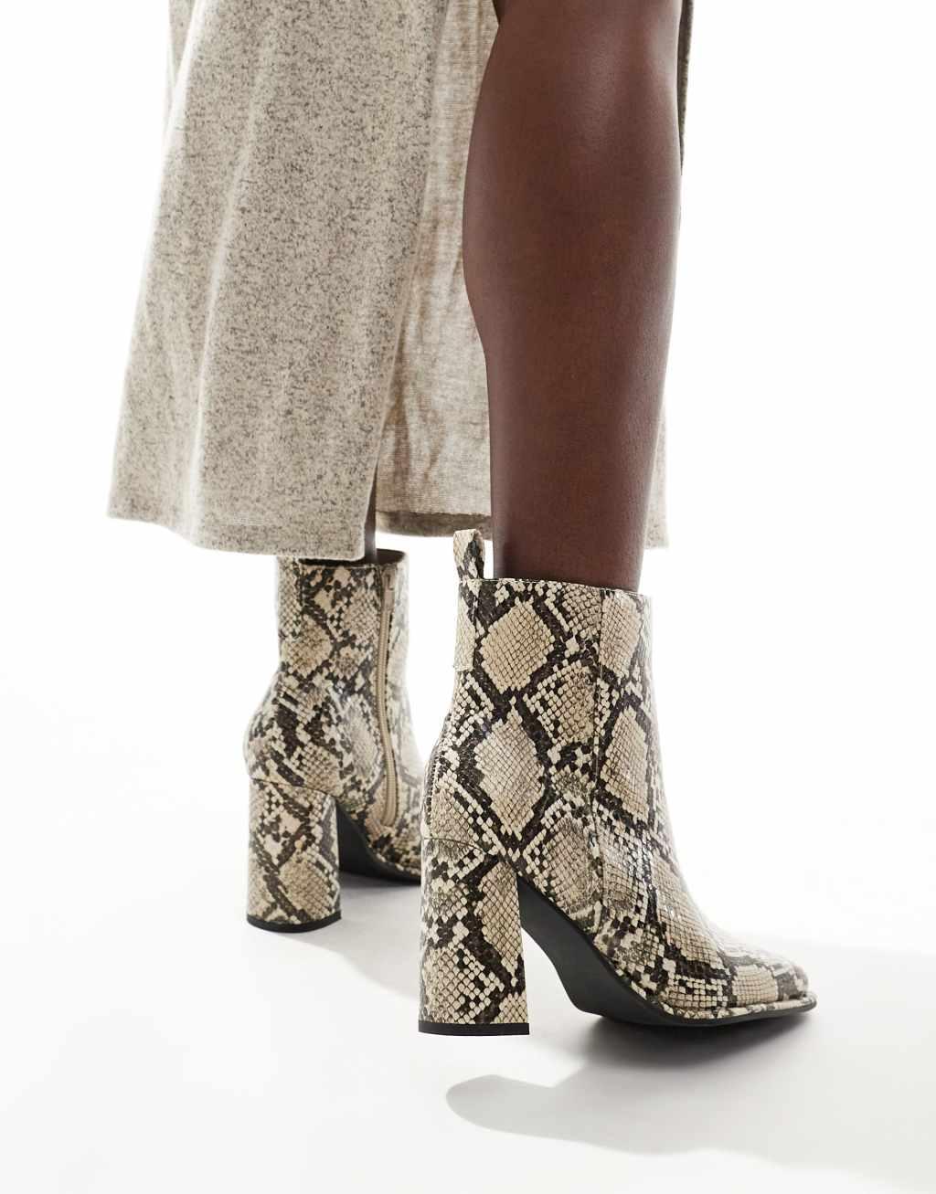 London Rebel Maddie wide fit block heel ankle boots in snake  Product Image