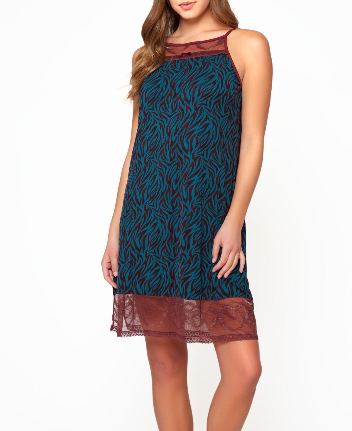 Womens Zebra Patterned Halter Chemise with Keyhole Back, Lace Detail and Bow Accent - Teal-Burgundy Product Image