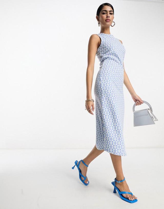 Vila sleeveless midi dress in blue checkerboard floral Product Image