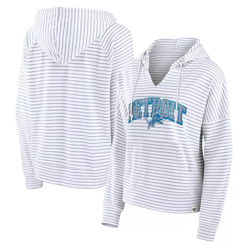 Fanatics Womens White Detroit Lions Striped Notch Neck Pullover Hoodie - White, Gray Product Image