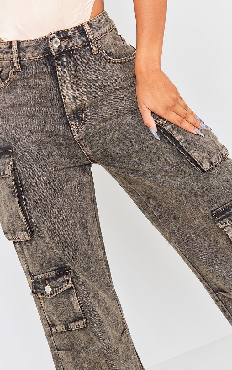 Shape Washed Brown Denim Pocket Detail Cargo Jeans Product Image