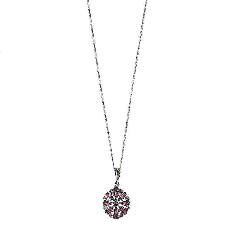 Tori Hill Marcasite & Pink Crystal Oval Pendant Necklace, Womens Silvertone Product Image