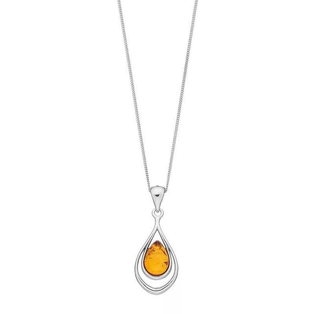 Sterling Silver Amber Double Teardrop Pendant Necklace, Womens Product Image