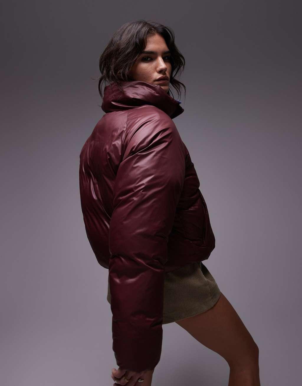 Topshop puffer bomber jacket in burgundy Product Image