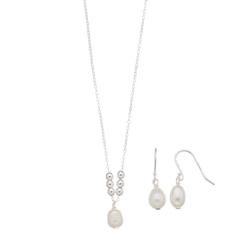 Aleure Precioso Sterling Silver Oval Cultured Freshwater Pearl Pendant Necklace & Drop Earring Set, Womens Product Image