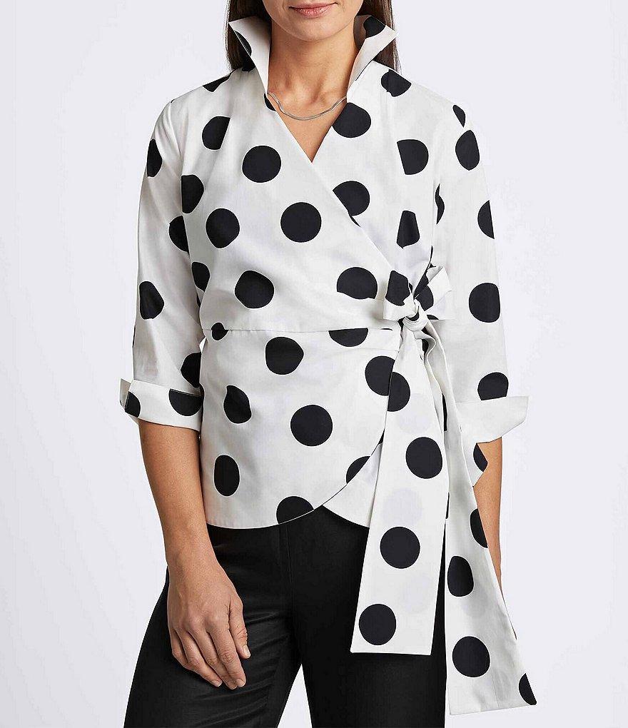 Foxcroft Salina Poplin Polka Dot Wing Collar 3/4 Sleeve Side Tie Wrap Top Product Image