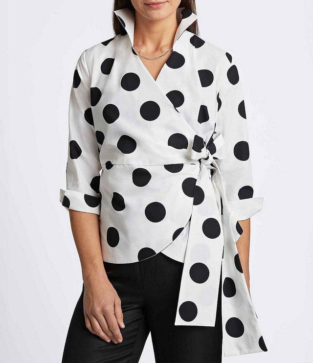 Foxcroft Salina Poplin Polka Dot Wing Collar 3/4 Sleeve Side Tie Wrap Top Product Image