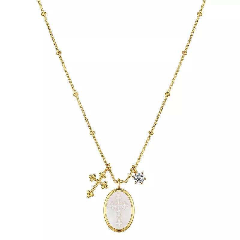 Gratitude & Grace 14k Gold Flash Plated Cubic Zirconia & Mother-of-Pearl Double Cross Charm Pendant Necklace, Womens Gold Tone Product Image