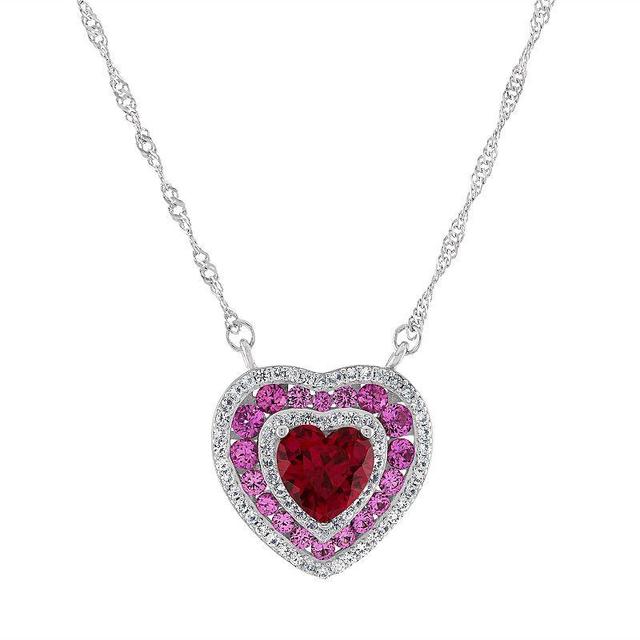 Designs by Gioelli Sterling Silver Lab-Created Pink Sapphire & Lab-Created Ruby Heart Pendant Necklace, Womens, White Product Image