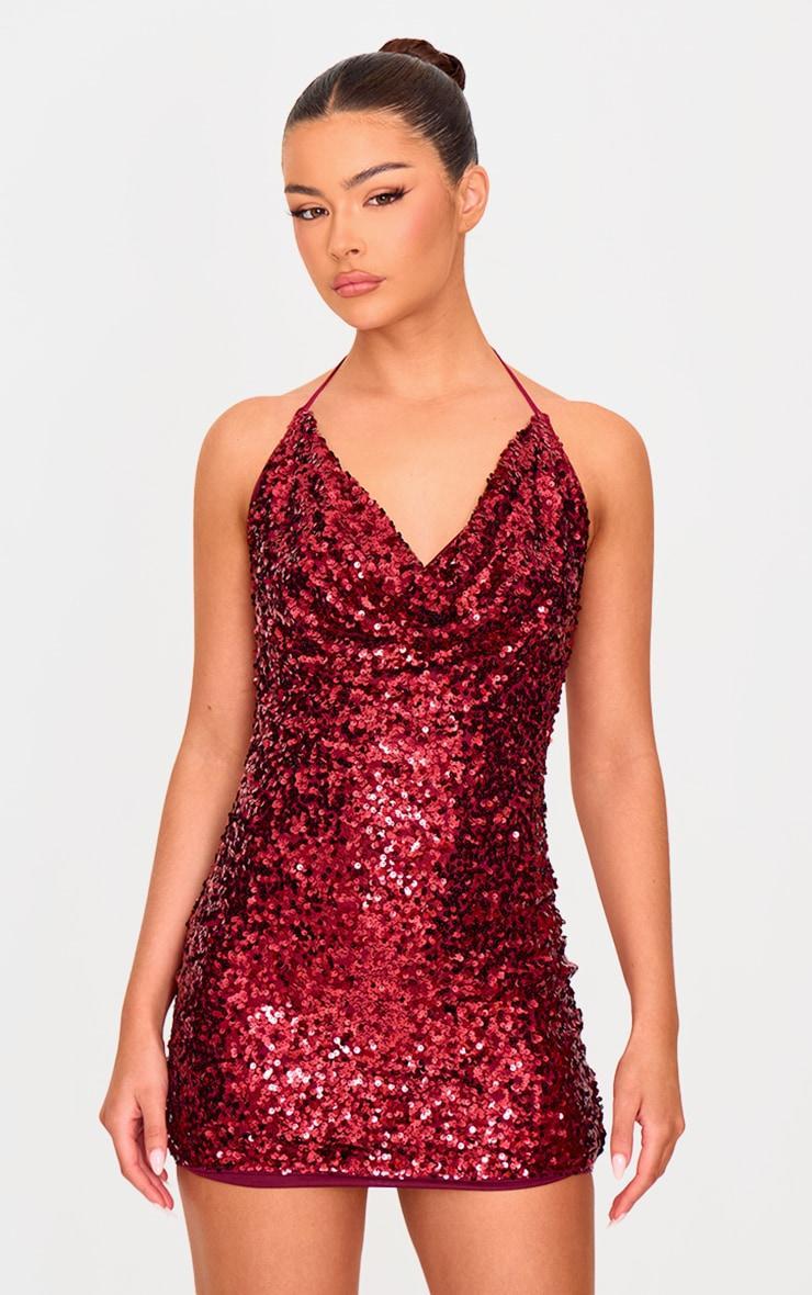 Burgundy Sequin Tie Cowl Halter Neck Bodycon Dress Product Image