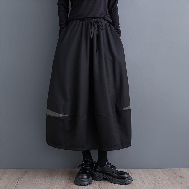 Drawstring Waist Two Tone Midi A-Line Skirt Product Image