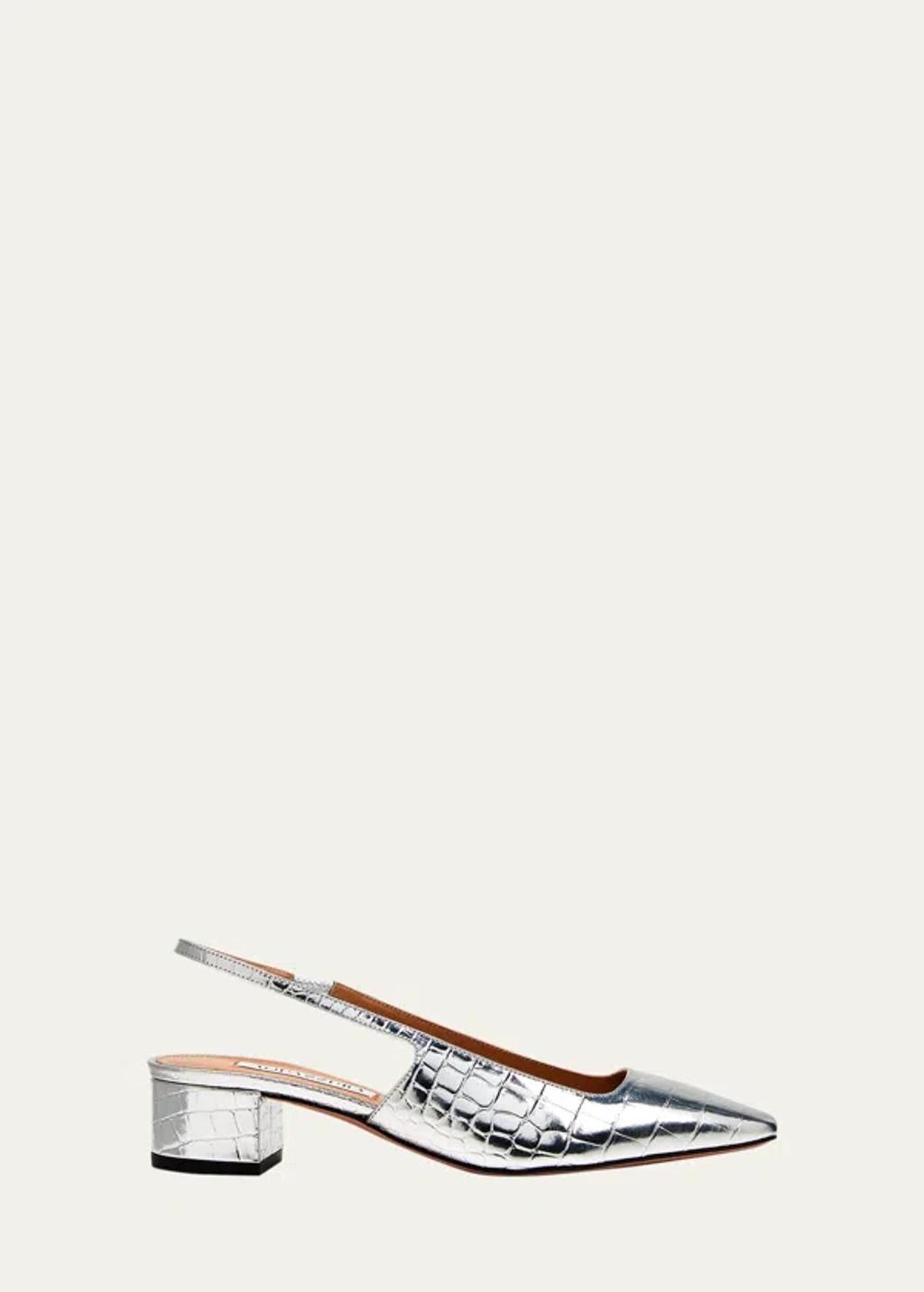 Ginza Metallic Croco Slingback Ballerina Pumps In Silver product image