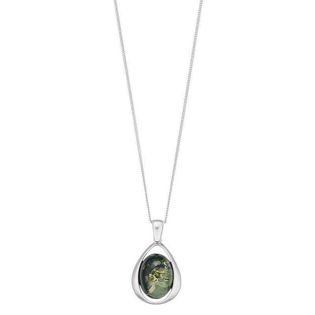 Sterling Silver Green Amber Oval Pendant Necklace, Womens Product Image