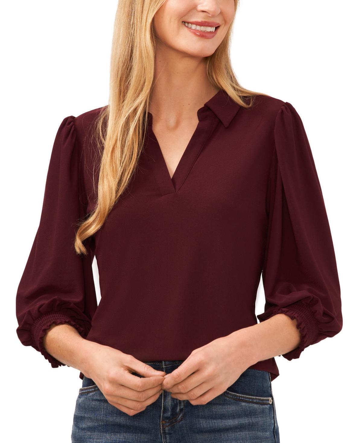 CeCe Womens Collared V-Neck Puff Shoulder 3/4-Sleeve Top Product Image