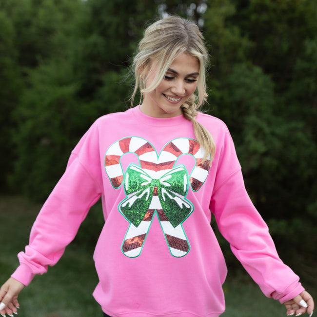 Candy Cane Sequins Patch Pink Oversized Graphic Sweatshirt Product Image