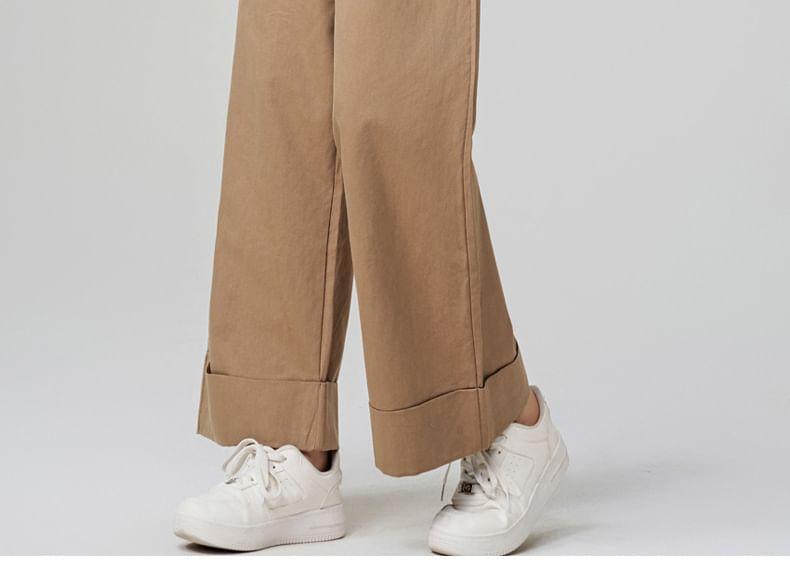 Elastic Waist Plain Roll Up Hem Cropped Wide Leg Pants Product Image