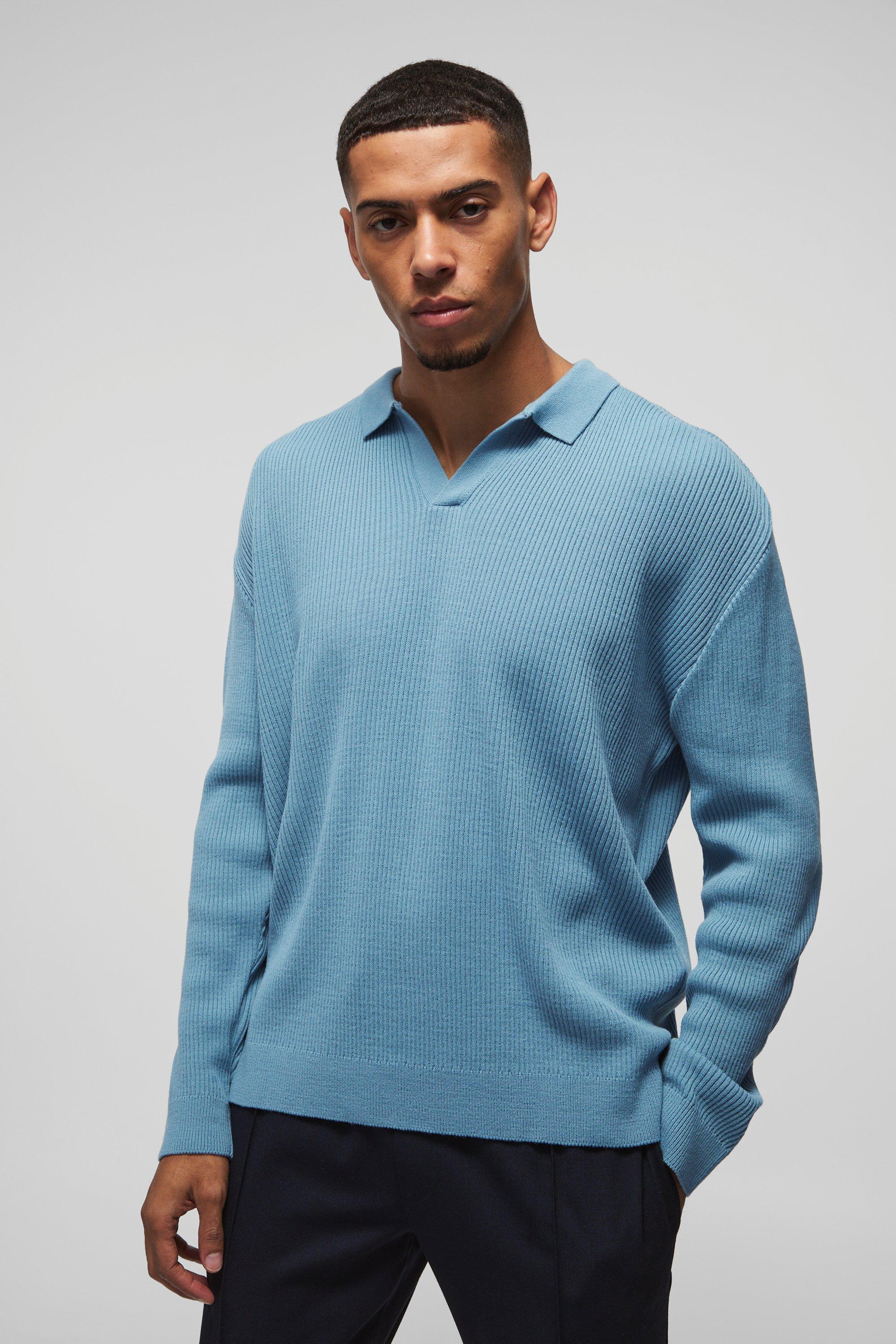 Oversized Ribbed Revere Neck Knitted Polo | boohooMAN USA Product Image