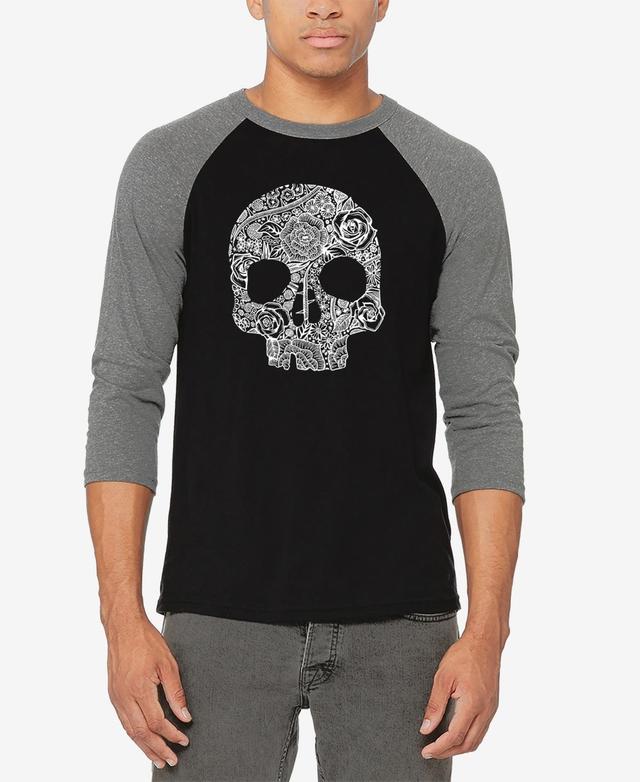 La Pop Art Mens Raglan Sleeves Flower Skull Baseball Word Art T-shirt - Black Product Image