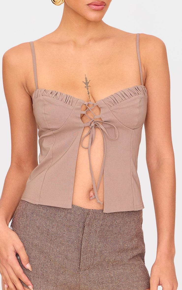 Mocha Bengaline Lace Up Ruched Bust Top Product Image