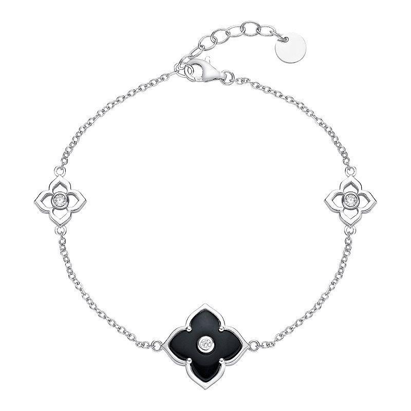 Gemminded Sterling Silver Black Onyx & Cubic Zirconia Flower Pendant Bracelet, Womens Product Image