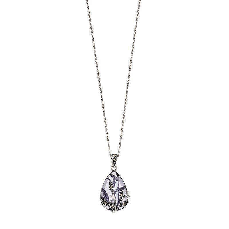 Tori Hill Sterling Silver Purple Glass & Marcasite Flower Teardrop Pendant, Womens Product Image