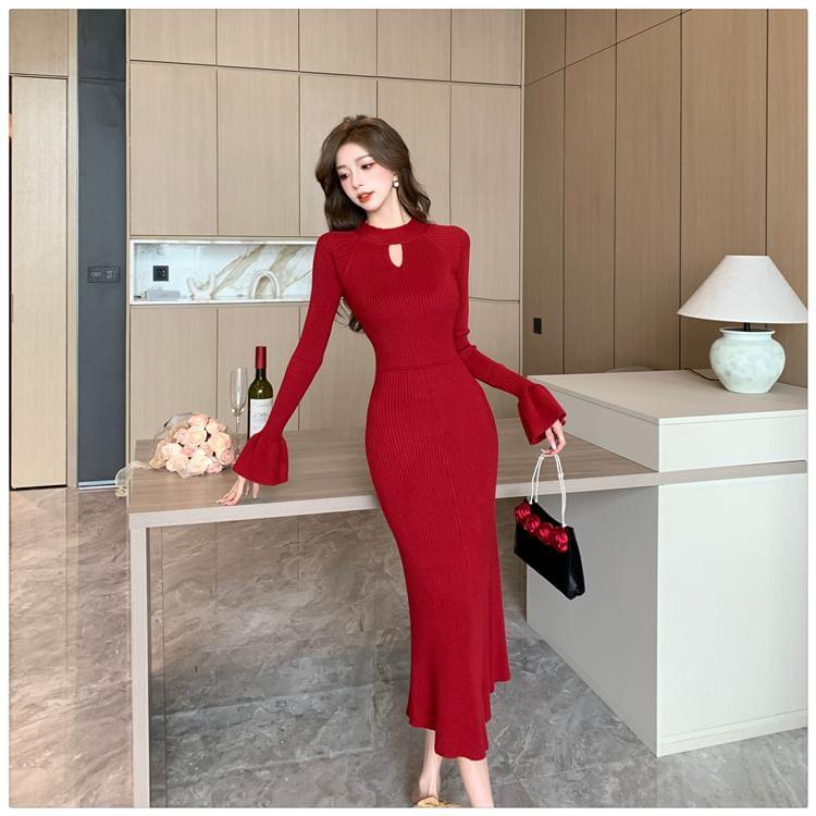 Long-Sleeve Round Neck Plain Cutout Ribbed Midi Sheath Knit Dress Product Image