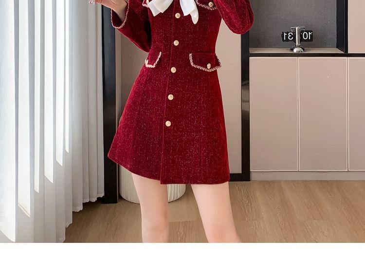 Long-Sleeve Bowknot Button-Up Mini A-Line Dress Product Image