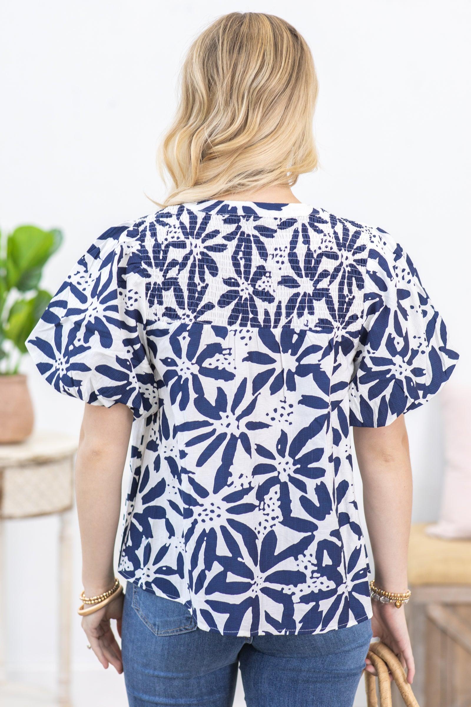 Navy Flower Print Tie Neck Woven Top Product Image