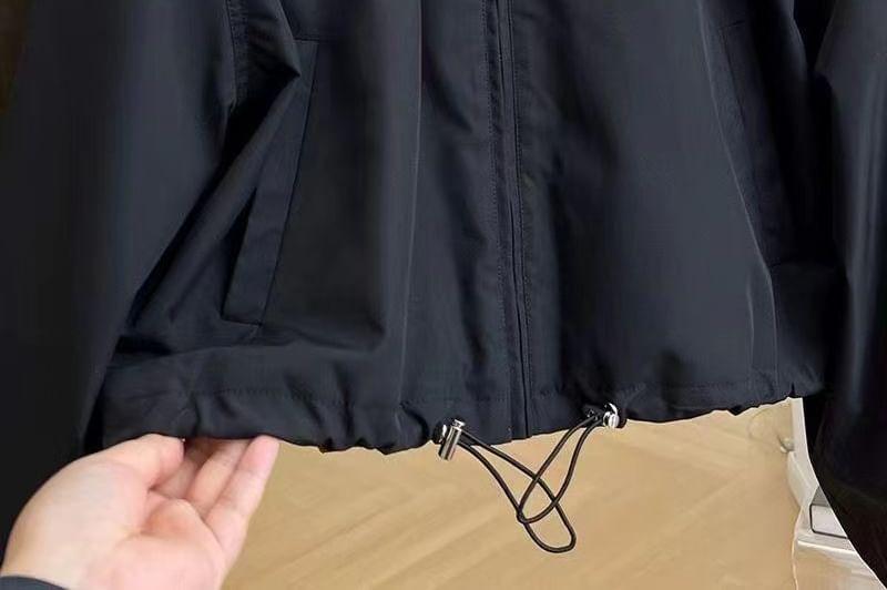 Stand Collar Plain Drawstring Hem Zip-Up Crop Jacket Product Image