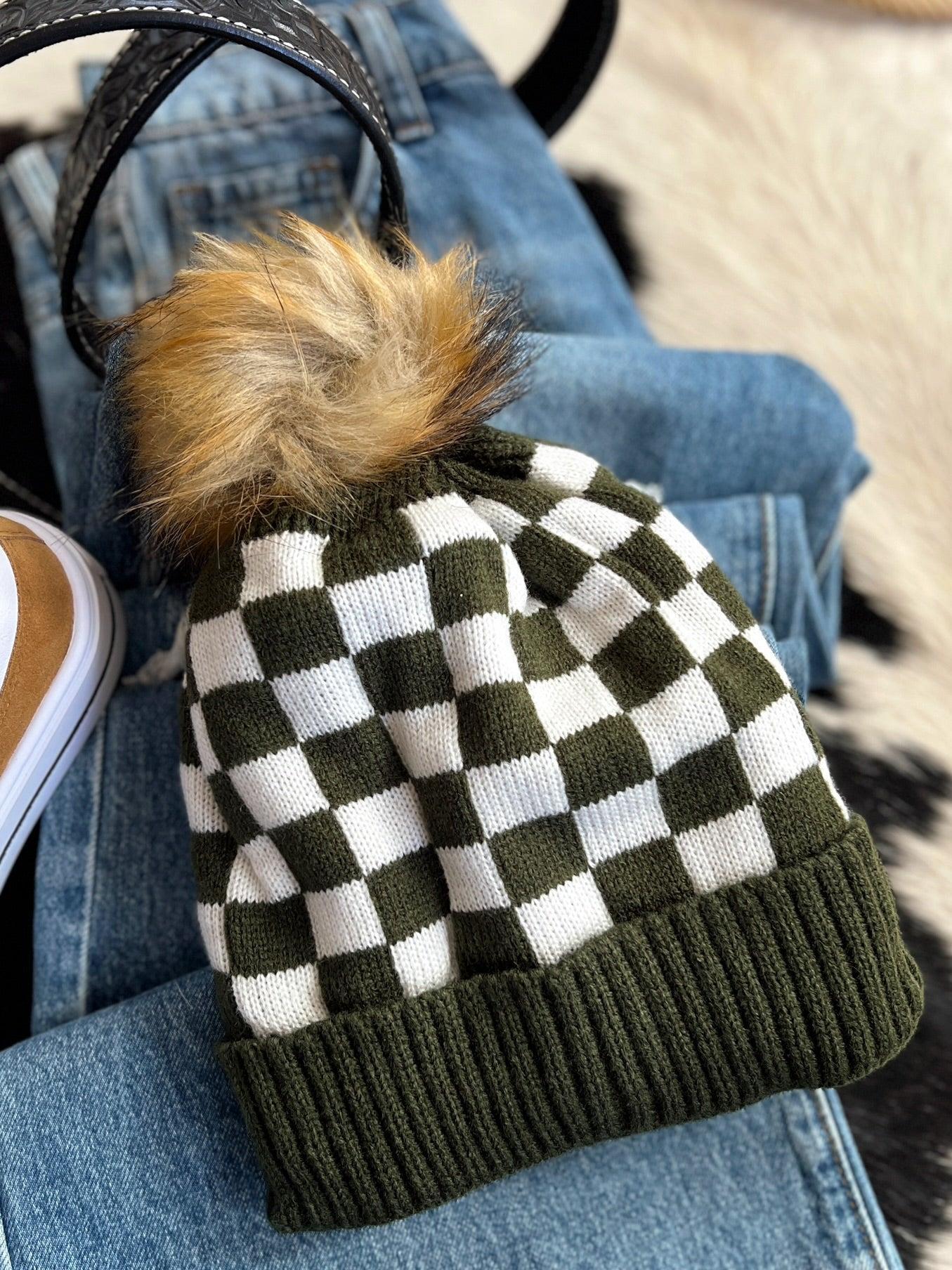 Fleece Lined Green & White Checkered Beanie Product Image