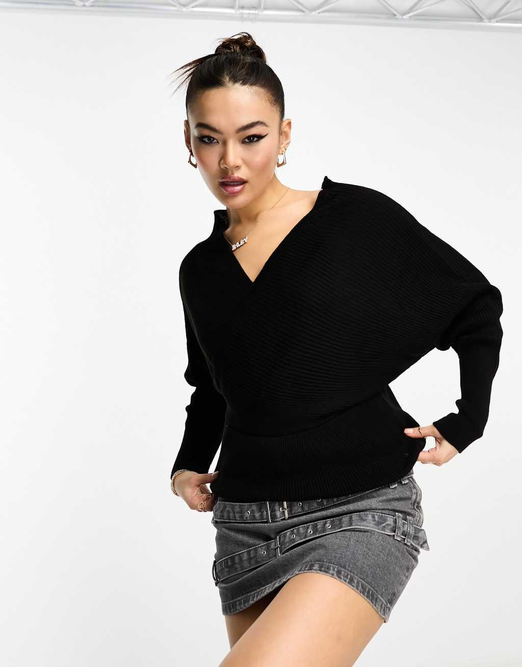 NaaNaa crossover batwing sleeve sweater in black Product Image