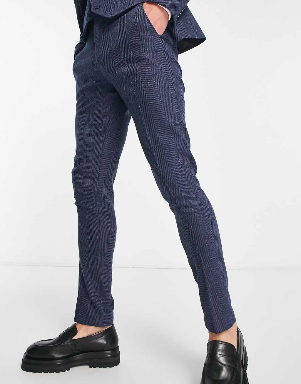 ASOS DESIGN wedding skinny wool mix suit pants in navy herringbone Product Image