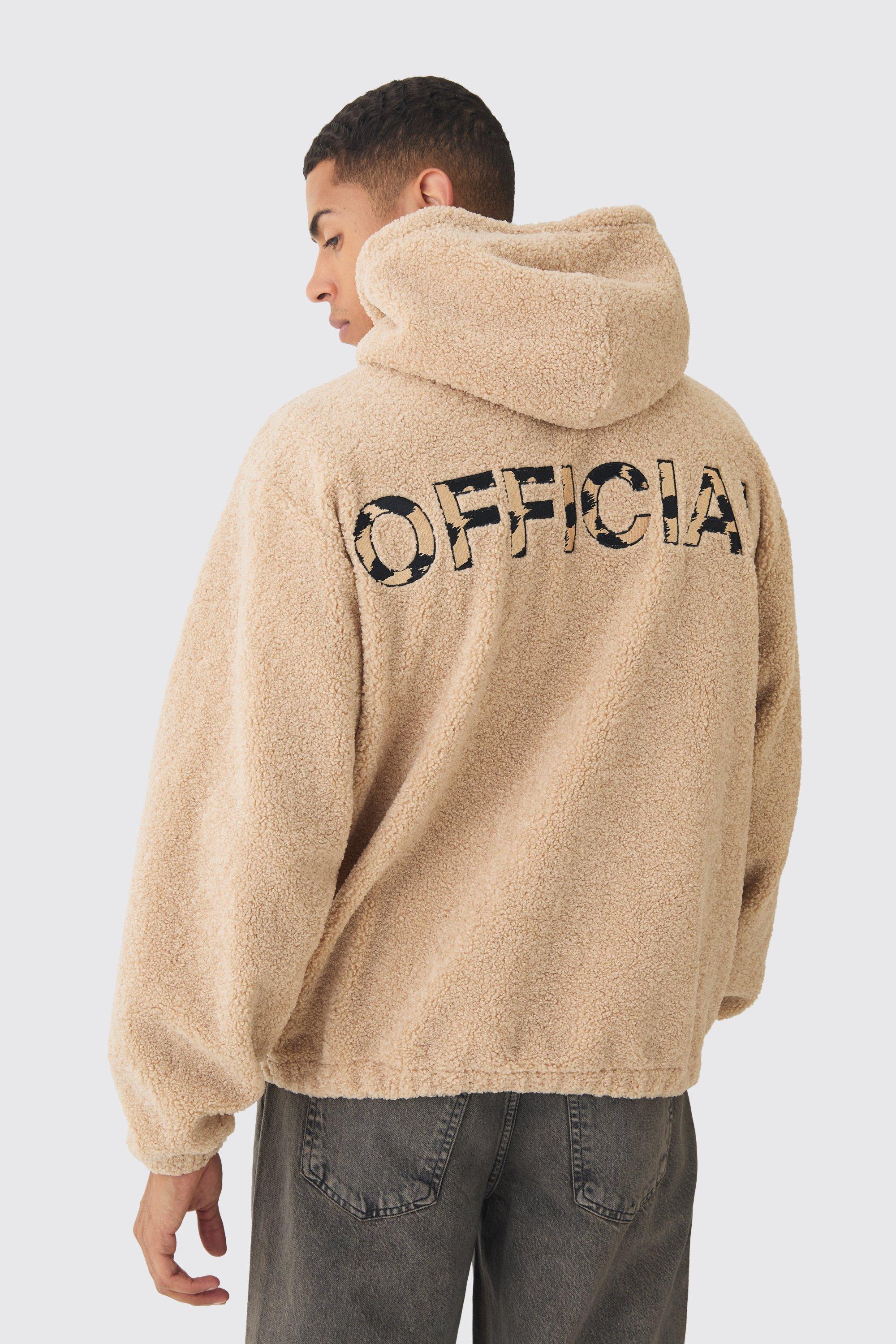 Mens Beige Oversized Boucle Borg Official Leopard Popper Neck Hoodie, Beige Product Image