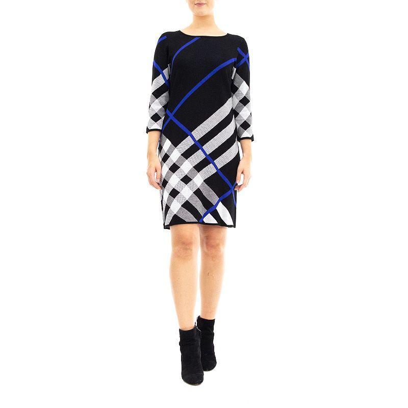 Womens Nina Leonard Oversize Plaid Sweater Dress Black Deep Blue Wh Product Image