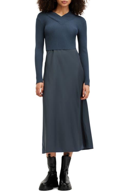 Hana Two-piece Crop Rib Sweater & Satin Slipdress In Midnight Blue Product Image