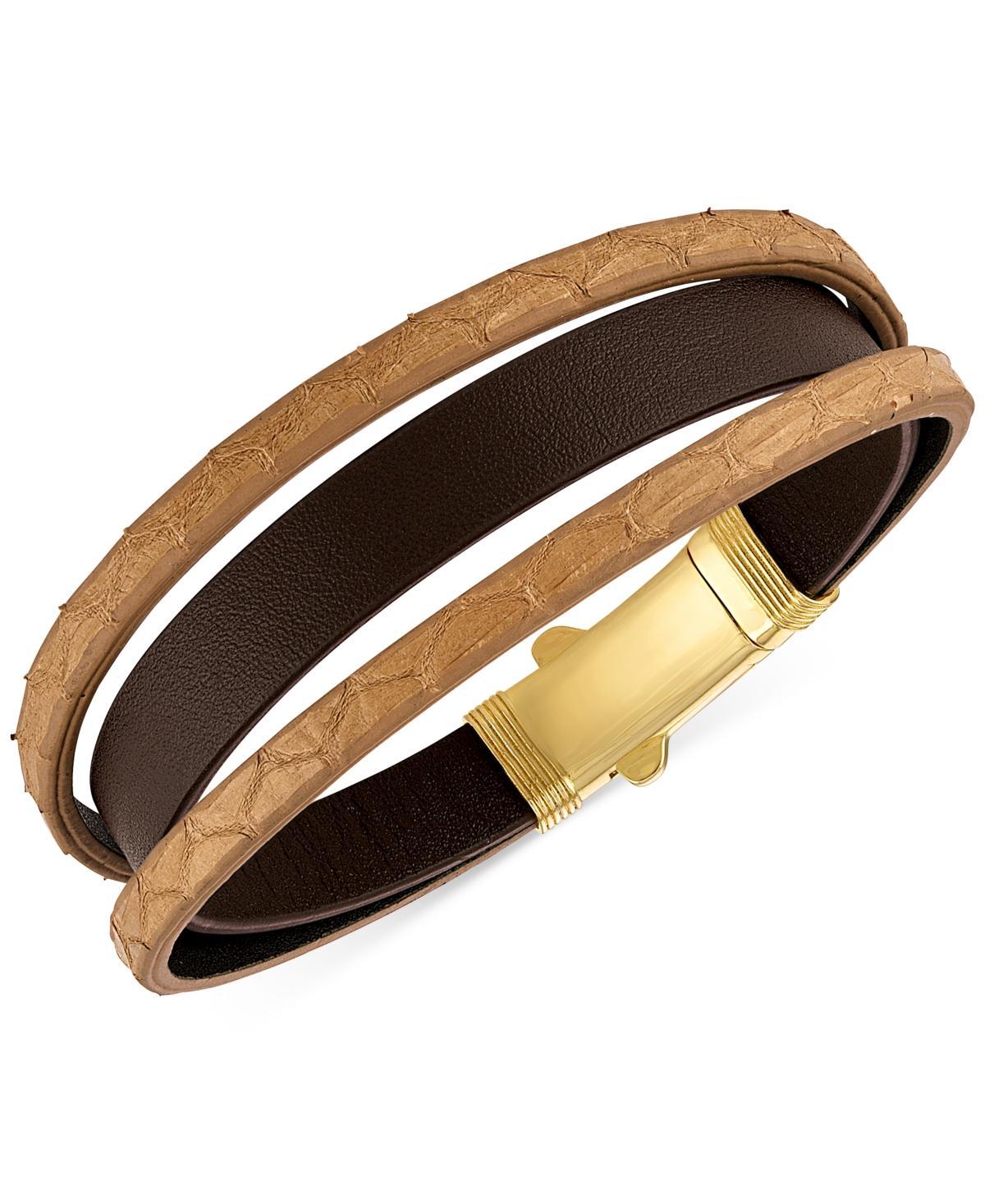 Esquire Mens Jewelry Two-Tone Triple Strap Leather Layered Bracelet in 18k Gold-Plated Sterling Silver, Created for Macys - Brown Product Image